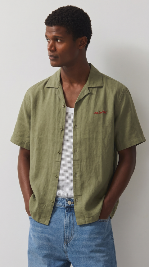 olive green embroidered linen shirt