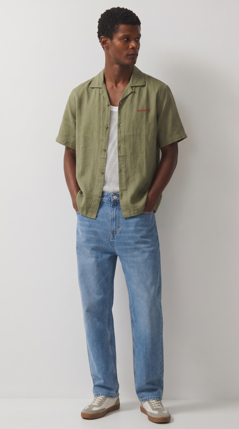 olive green embroidered linen shirt
