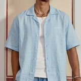 sky blue embroided linen shirt