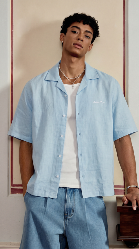 sky blue embroided linen shirt